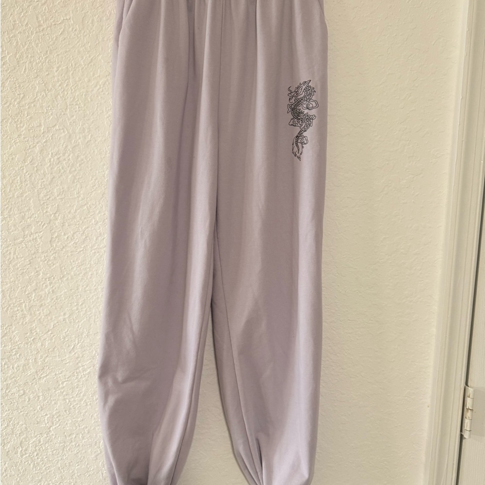 ROMWE Light Purple Track Pants with Dragon Print